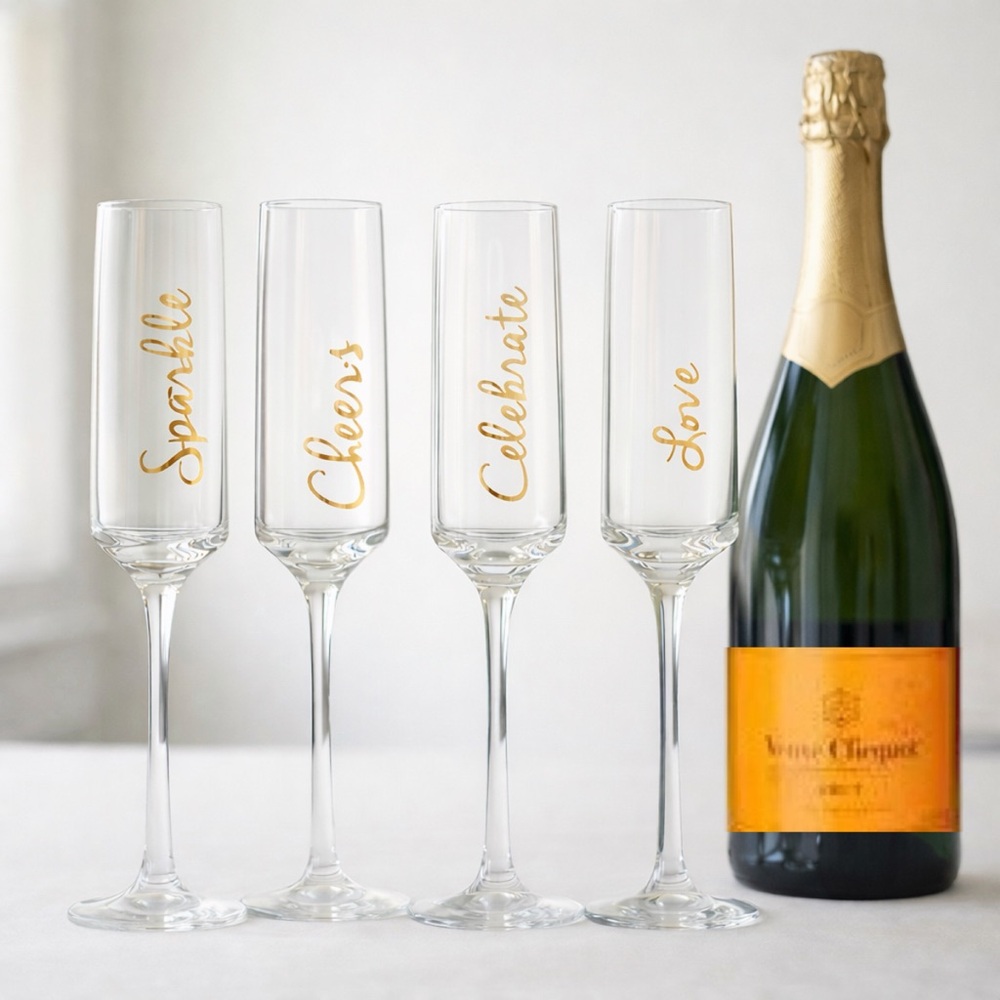 Set of 4 18K Gold Champagne Flutes 6oz | Sparkle Cheers Celebrate Love | NIB